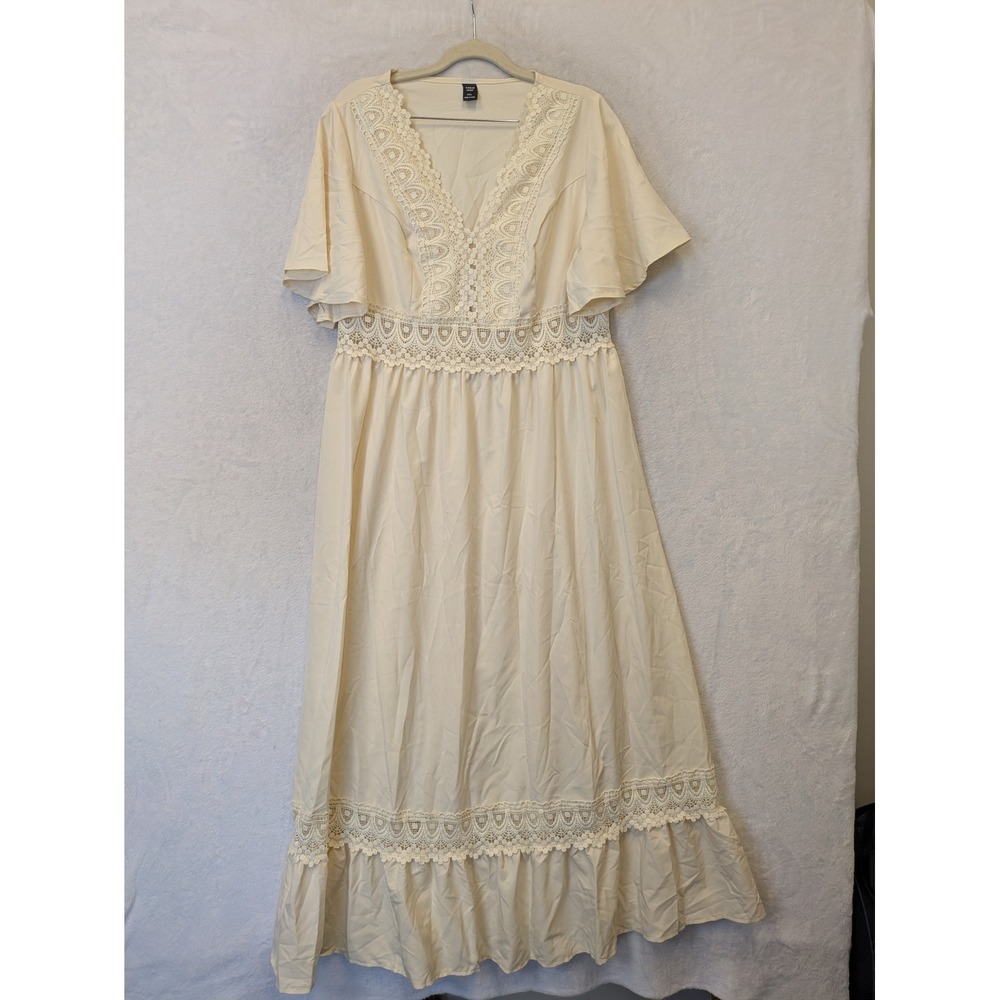 SHEIN CURVE Cream Lace Trim Flutter Sleeve Maxi Dress 0XL